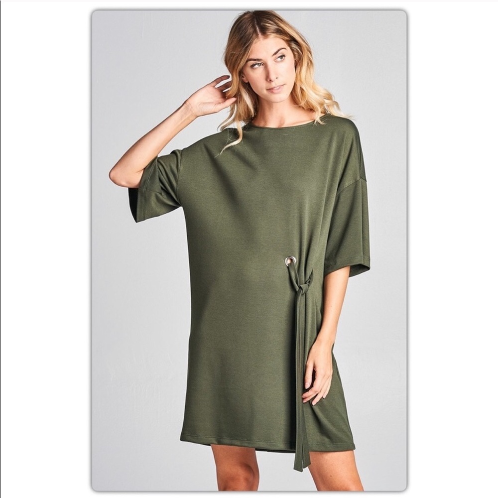 Olive Green Waist Tie Dress - Picture 3 of 4